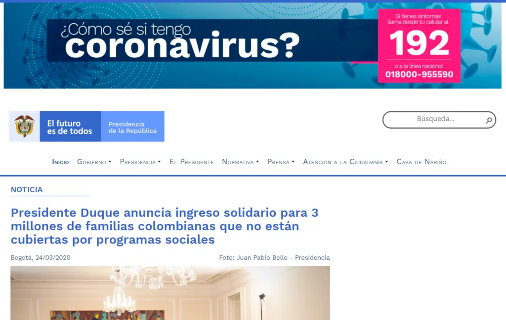 Página de la Presidencia de la Rpública de Colombia -  Anuncio sobre Subsidio Ingreso Solidario para superar crisis Coronavirus 2020