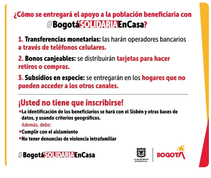 Explicación de Cómo se entregará el apoyo a la población beneficiaria con Bogotá Solidaria en Casa